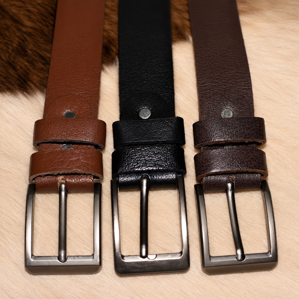 All Three Textured Leather Belts with Metal Buckle