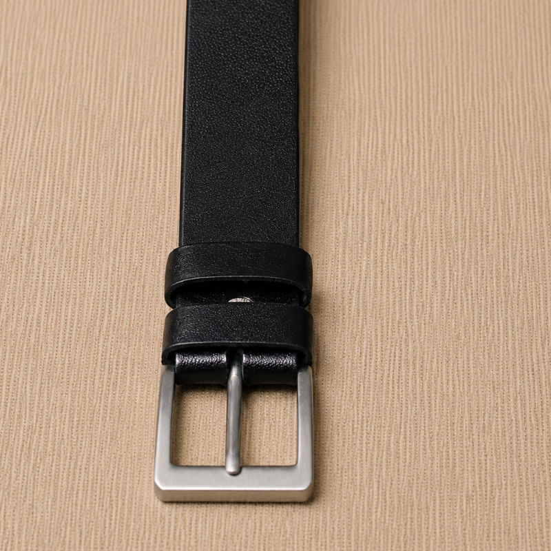 Black Leather Belt with Metal Buckle