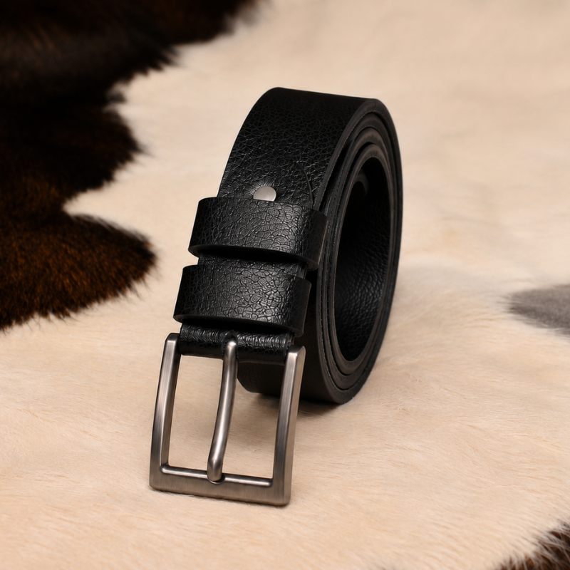 Black Textured Leather Belt with Metal Buckle