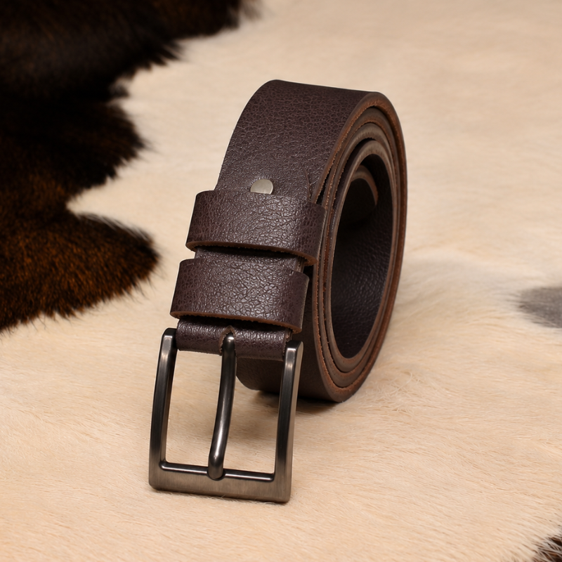 Dark Brown Textured Leather Belt with Metal Buckle